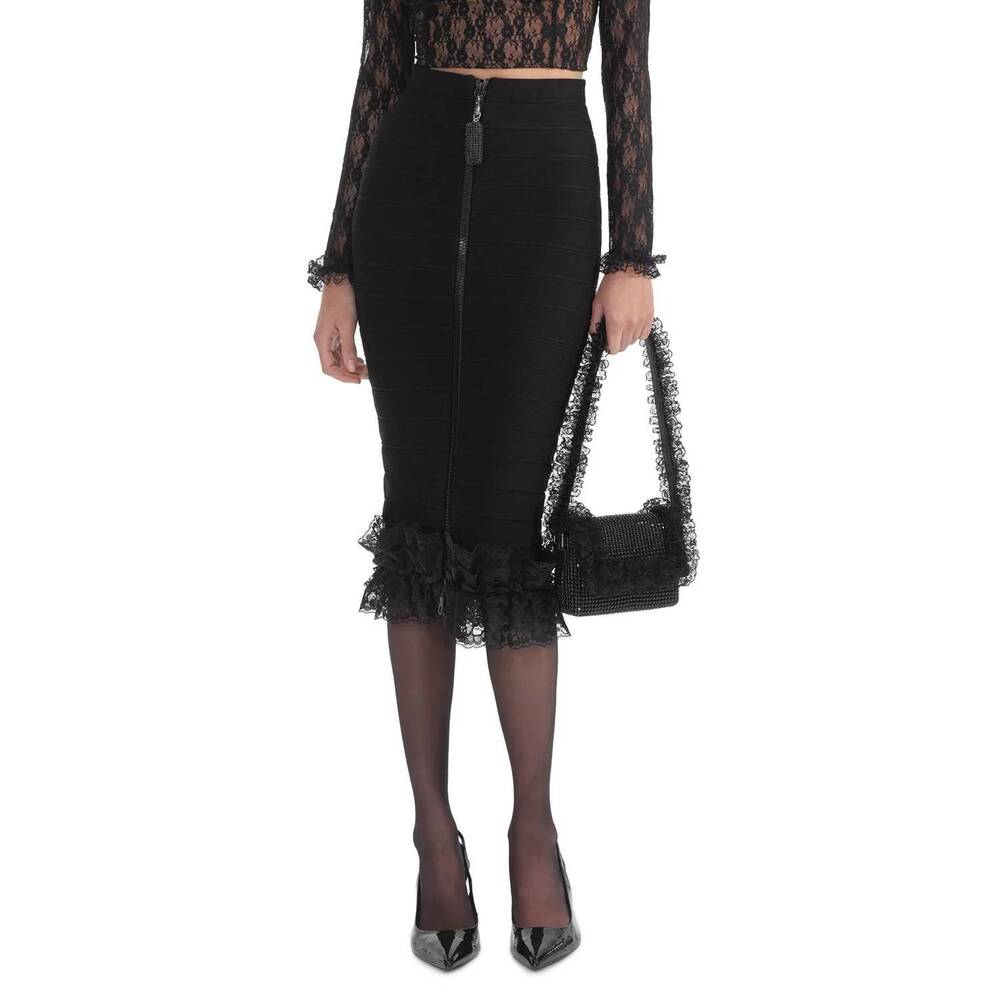 NEW SELF-PORTRAIT ruffle knit midi skirt in black